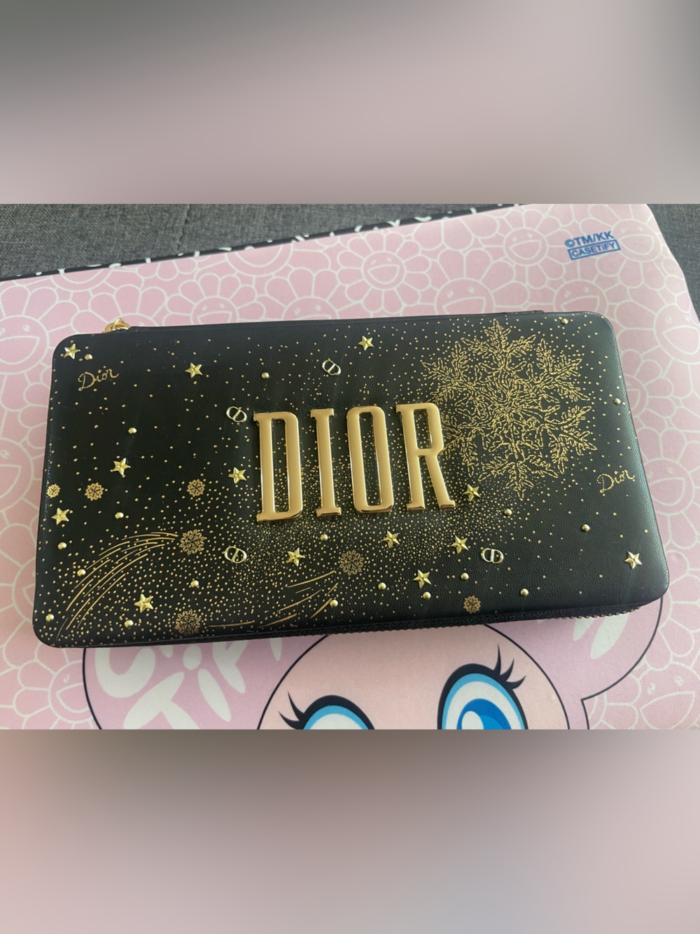 Christian Dior Holiday Starry Zipper Case Clutch Black Gold Phone Fit